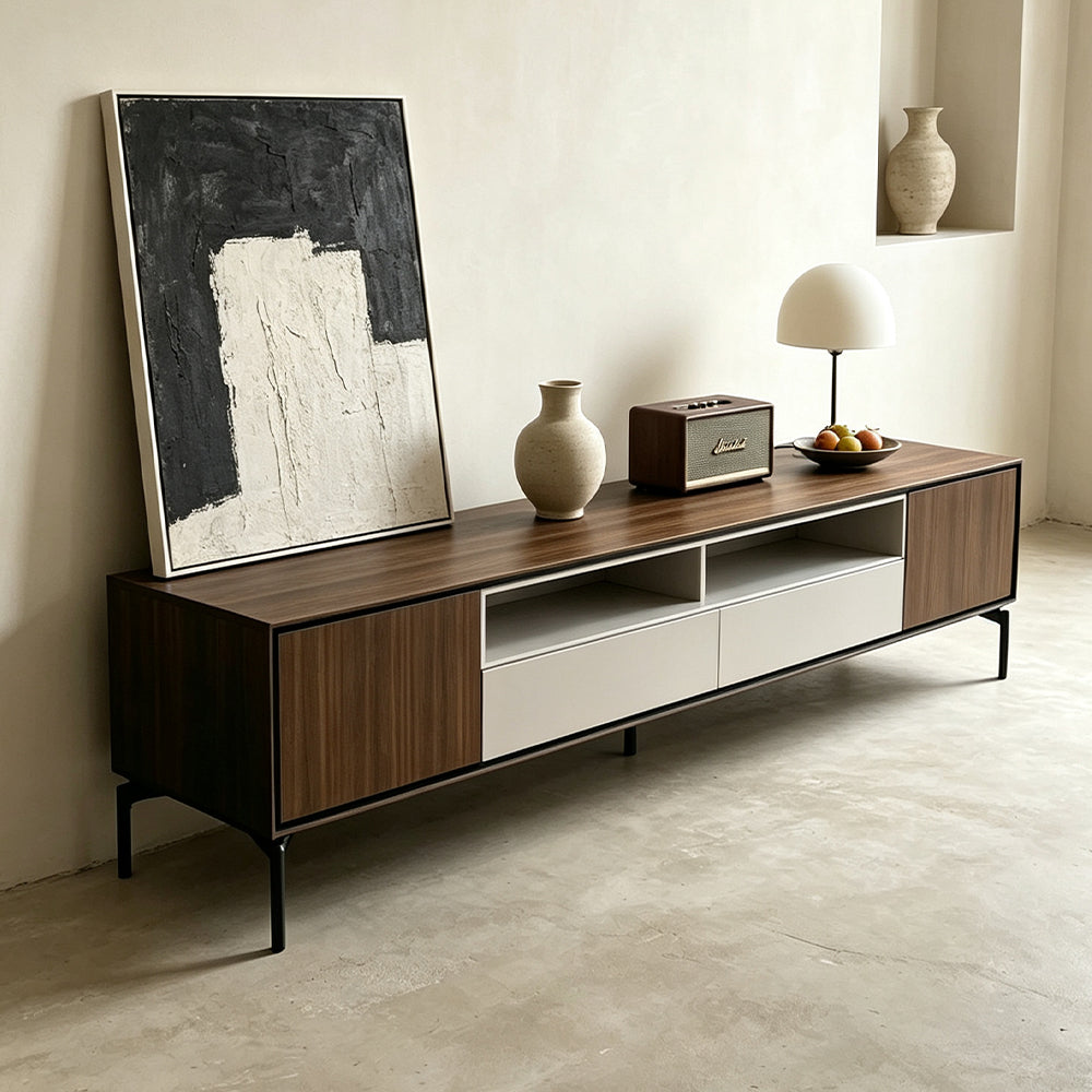 Mid-Century Two-Tone TV Stand with Storage Drawers & Open Compartments