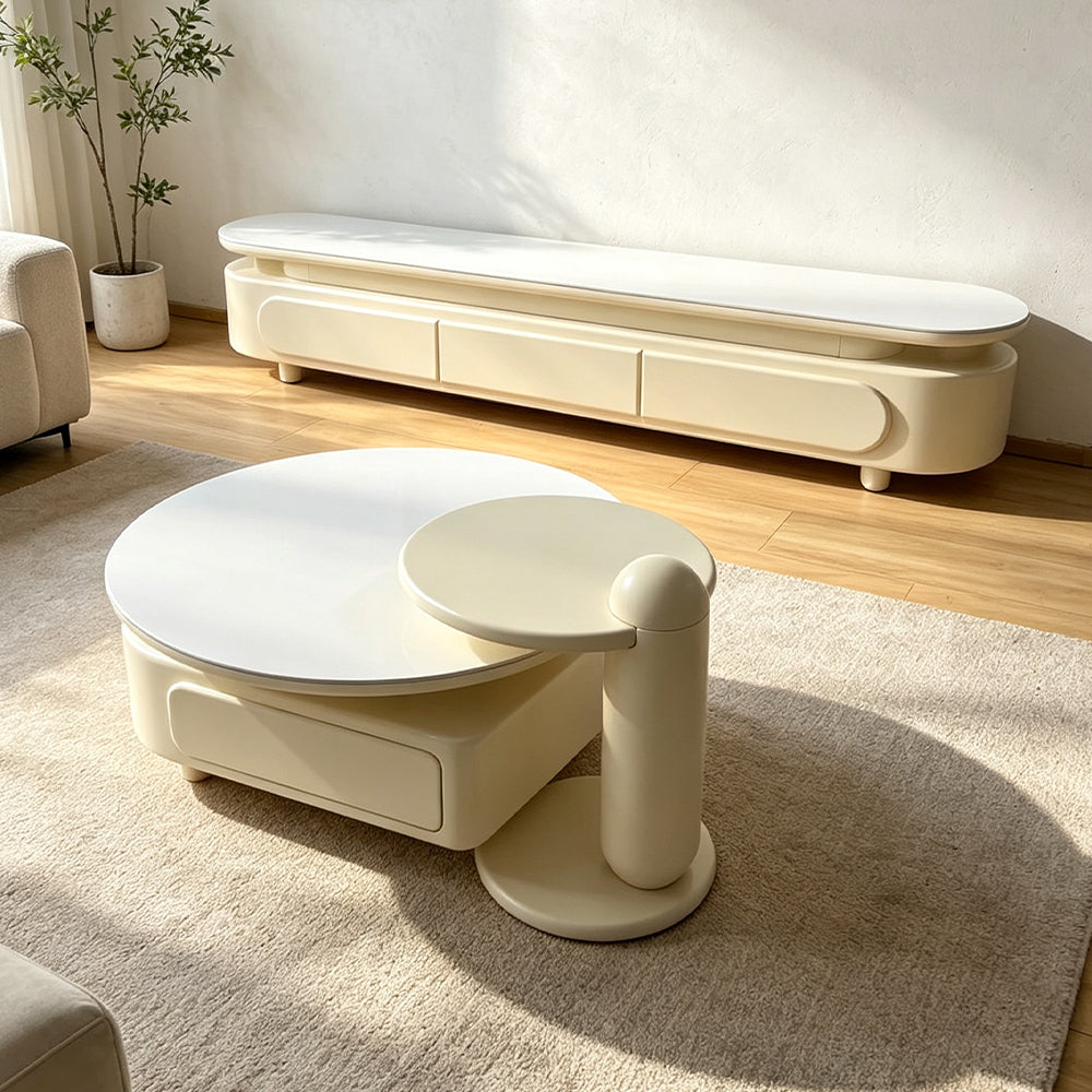 Cream White Nesting Coffee Table Set with Storage Drawer