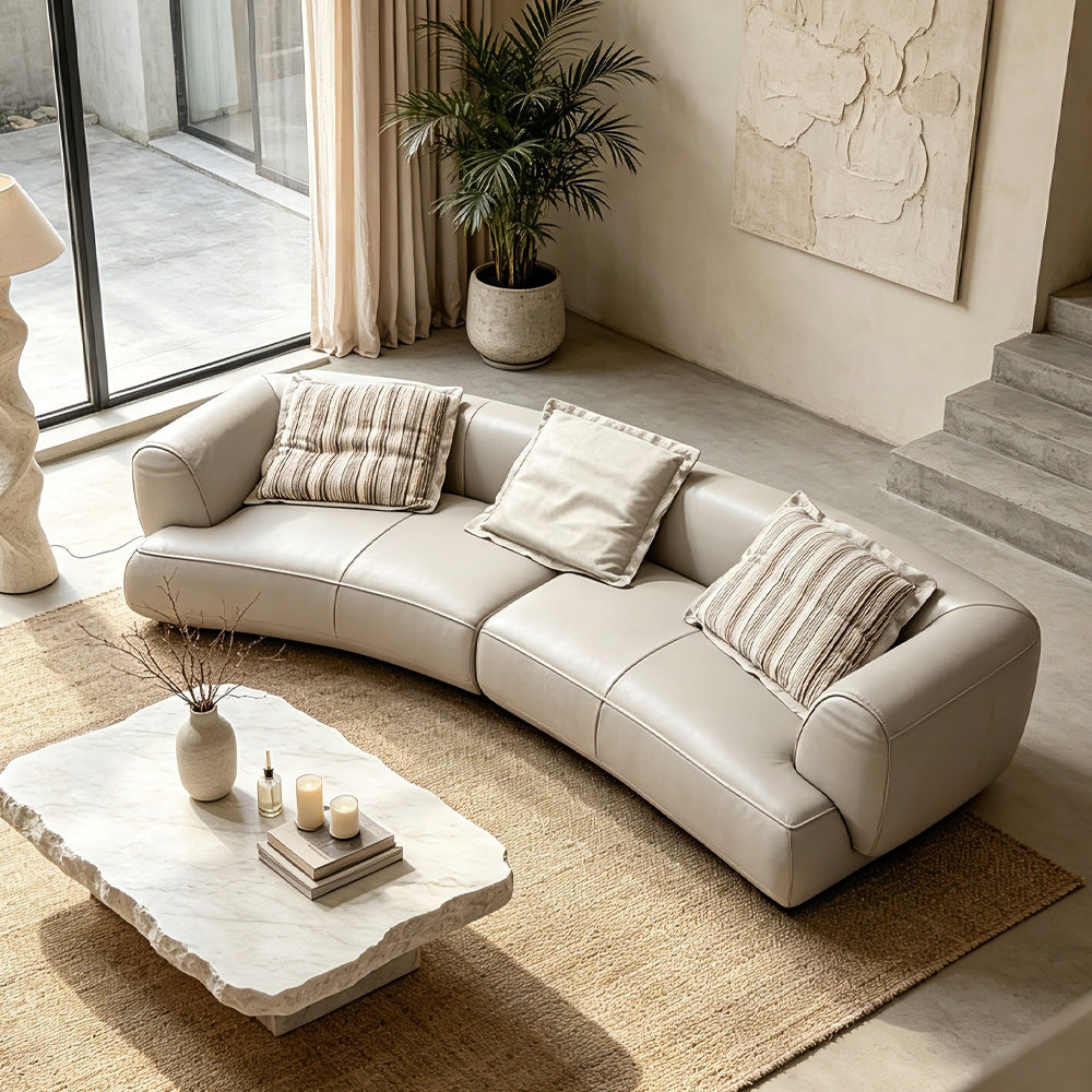 Modern Curved Beige Leather Sofa