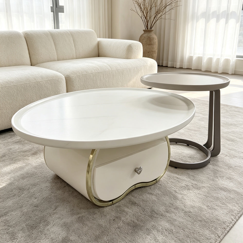 Modern Cream Oval Coffee Table Set with Drawer