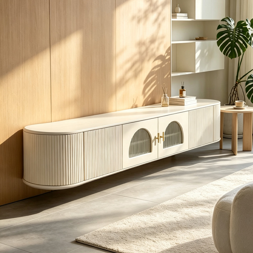 Cream TV Stand with Arched Glass Doors