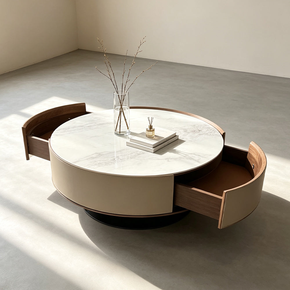 Round Sintered Stone Coffee Table with Storage Drawers