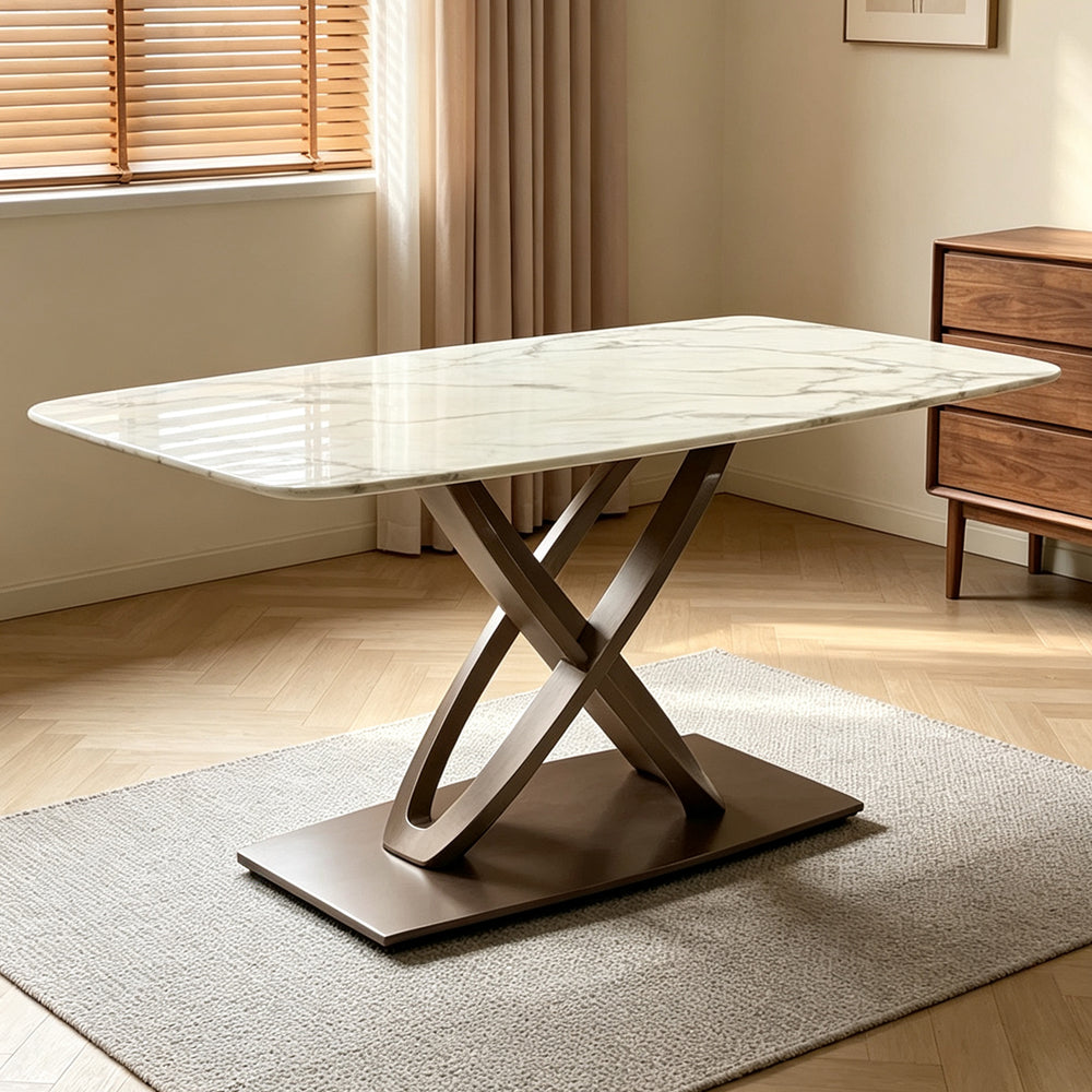 Rectangular Marble Dining Table with Cross Metal Base