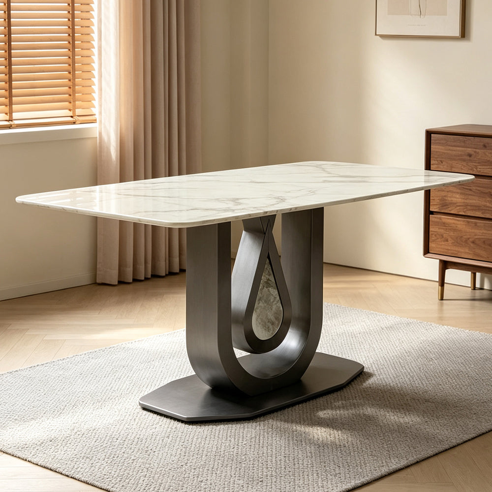 Rectangular Marble Dining Table with Artistic Sculptural Metal Base
