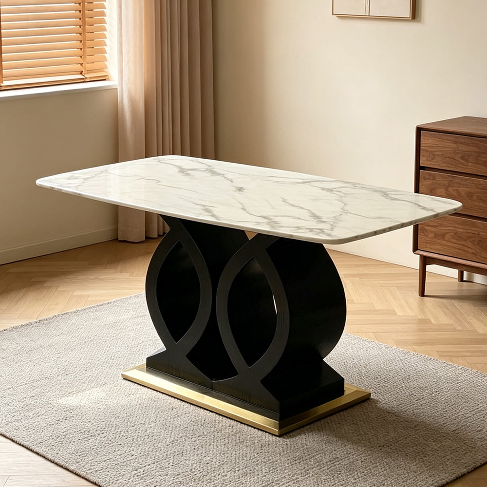 Rectangular Marble Dining Table with Artistic Black Wood Base