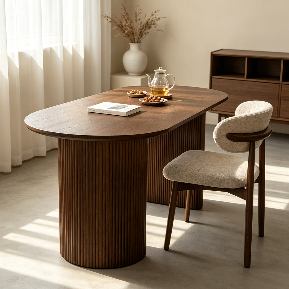 Oval Dark Wood Fluted Pedestal Dining Table
