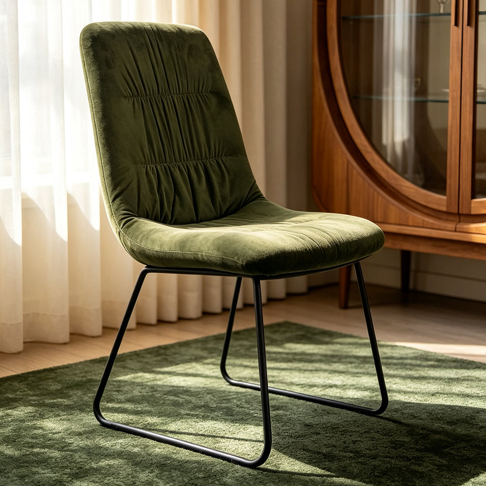 Olive Green Upholstered Velvet Dining Chair with Black Sled Metal Legs