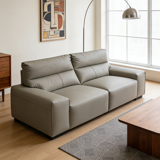 Modern Grey Leather Two Seater With Wide Armrests Sofa