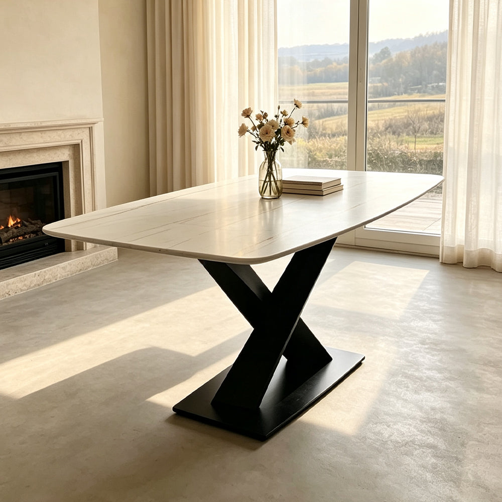 Stylish Slate Dining Table with Distinctive X Support/White/Black