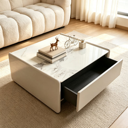 Cream Slate Top Coffee Table with Storage Drawer