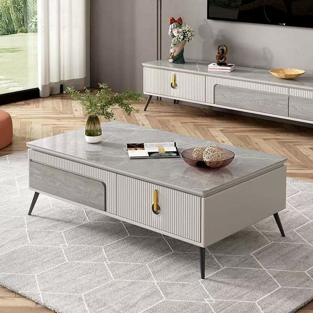 Modern Minimalist Slate Top Coffee Table With Gold Drawer Pulls