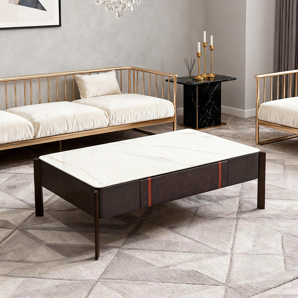 Modern Minimalist Slate Top And Dark Wood Frame Coffee Table