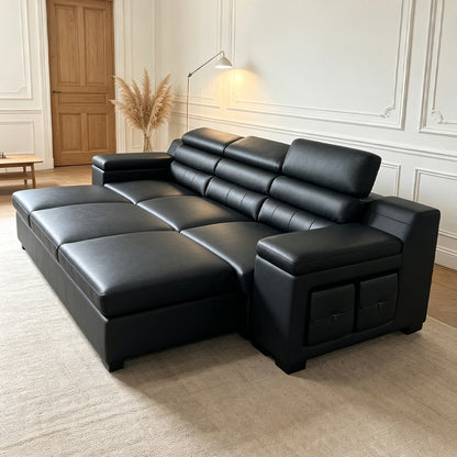Black Leather Convertible Sectional Sofa Bed