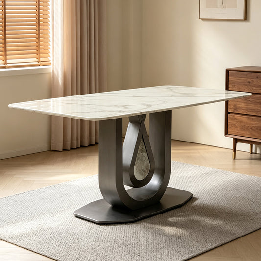 Rectangular Marble Dining Table with Artistic Sculptural Metal Base