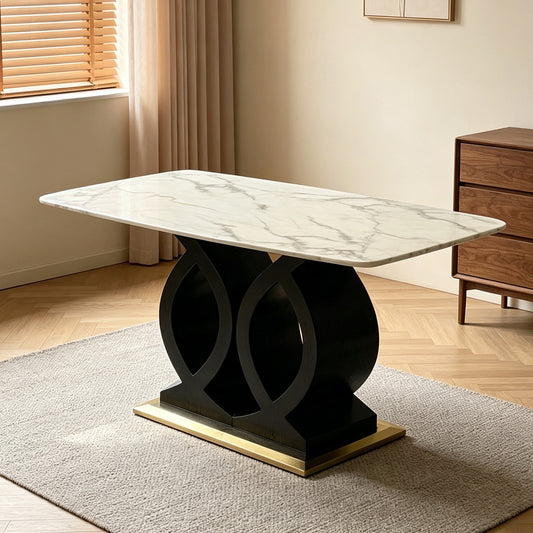 Rectangular Marble Dining Table with Artistic Black Wood Base