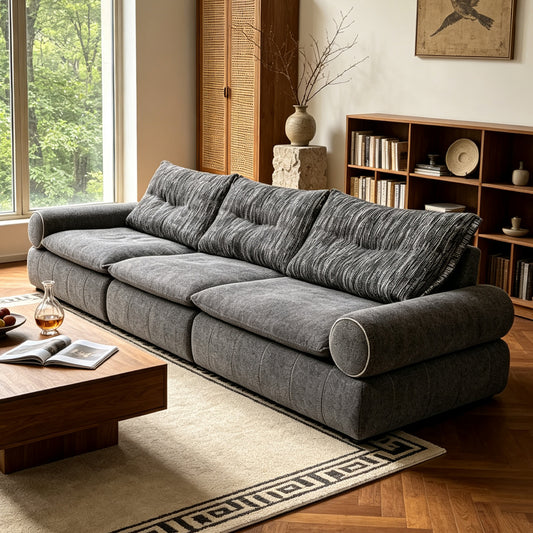 Modern Dark Gray Fabric 3-Seater Sofa with Round Arms