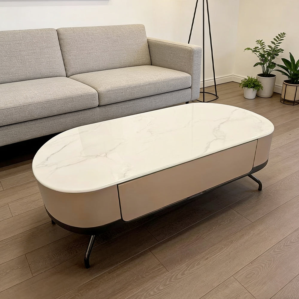 Oval Shape Supercrystalline Stone Top Coffee Table With Storage